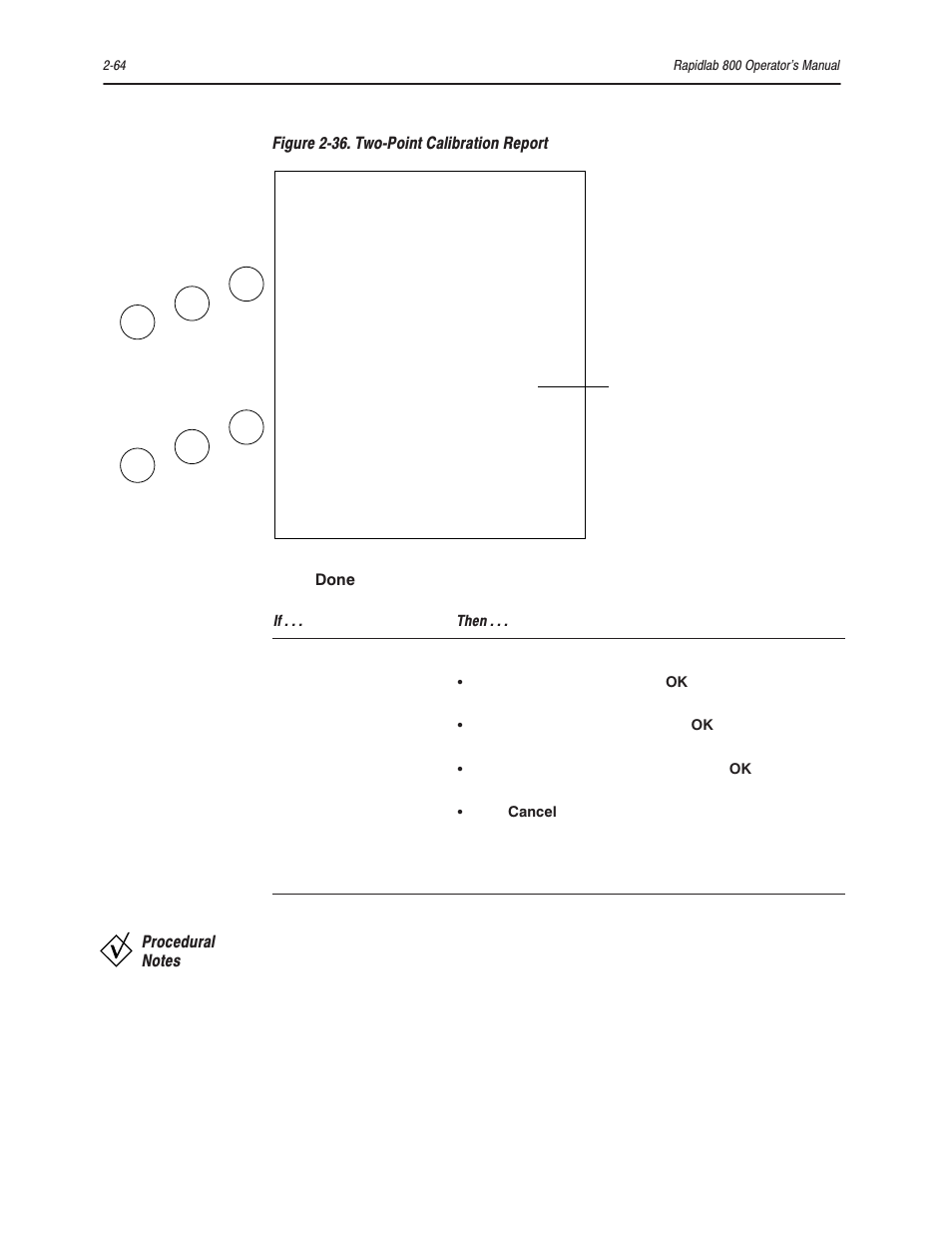 Figure 2ć36.ā twoćpoint calibration report, Press, When you finish | Done, Select next record and press, Select previous record and press, Select search criteria screen and press | Bayer HealthCare Rapidlab 800 User Manual | Page 162 / 699