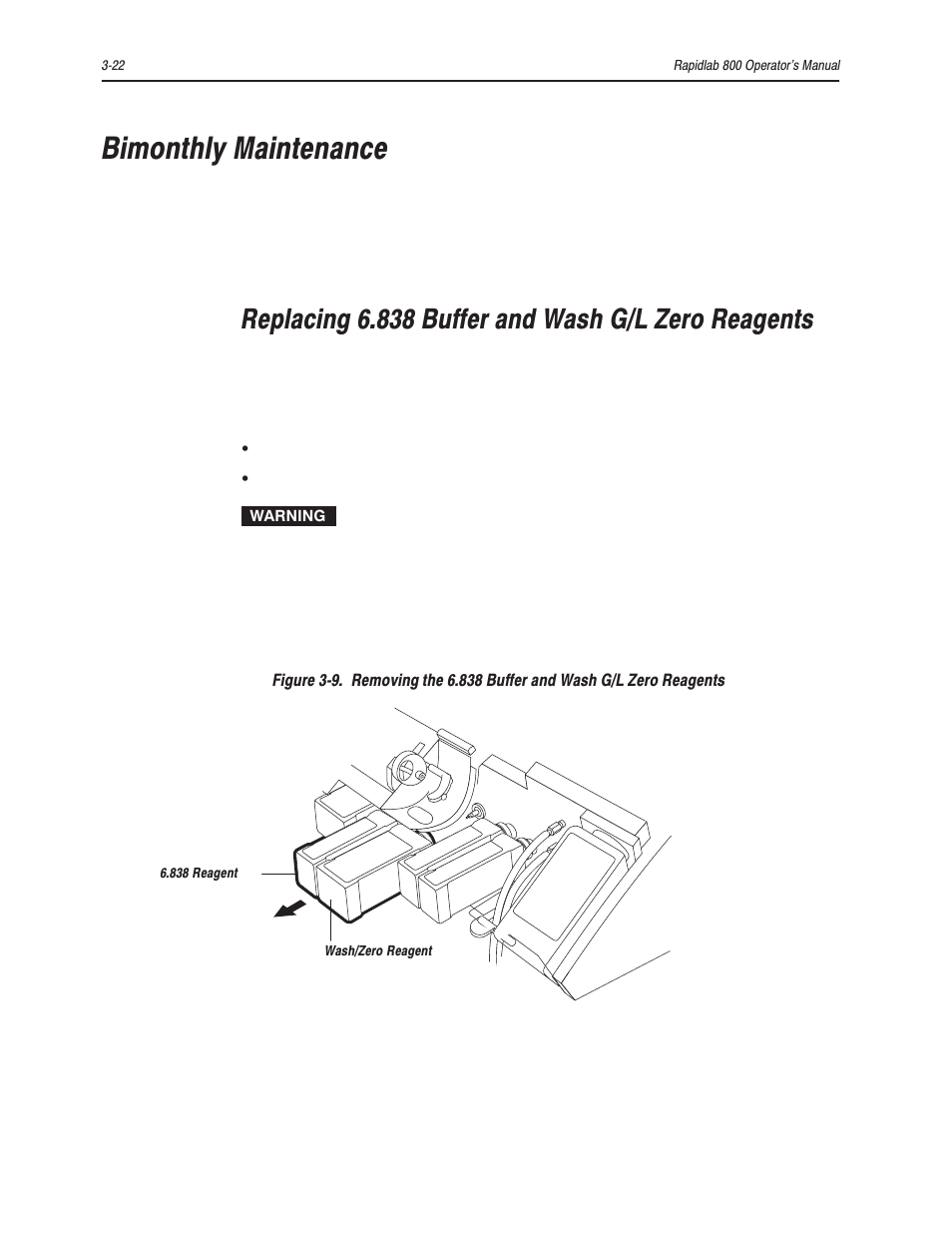 Bimonthly maintenance, Replacing 6.838 buffer and wash g/l zero reagents | Bayer HealthCare Rapidlab 800 User Manual | Page 190 / 699