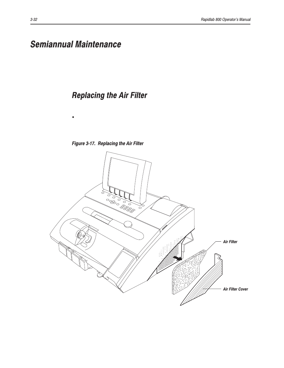 Semiannual maintenance, Replacing the air filter | Bayer HealthCare Rapidlab 800 User Manual | Page 200 / 699