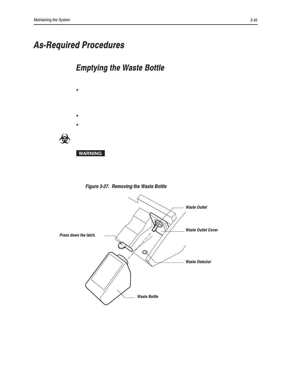 Asćrequired procedures, Emptying the waste bottle | Bayer HealthCare Rapidlab 800 User Manual | Page 215 / 699