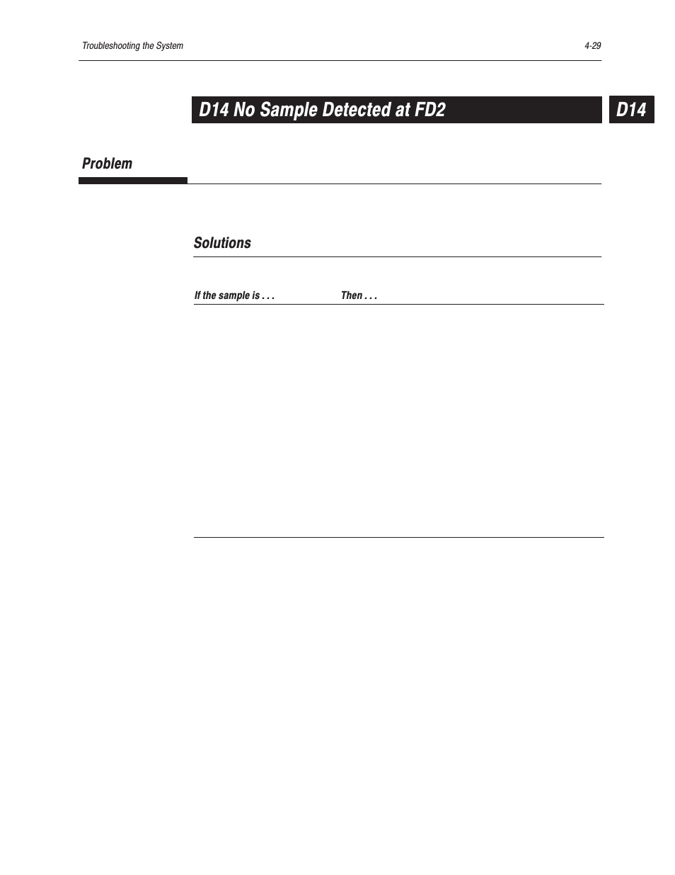 D14 no sample detected at fd2, Problem, Solutions | Bayer HealthCare Rapidlab 800 User Manual | Page 313 / 699