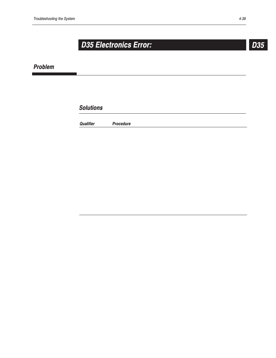 D35 electronics error, Problem, Solutions | Bayer HealthCare Rapidlab 800 User Manual | Page 323 / 699