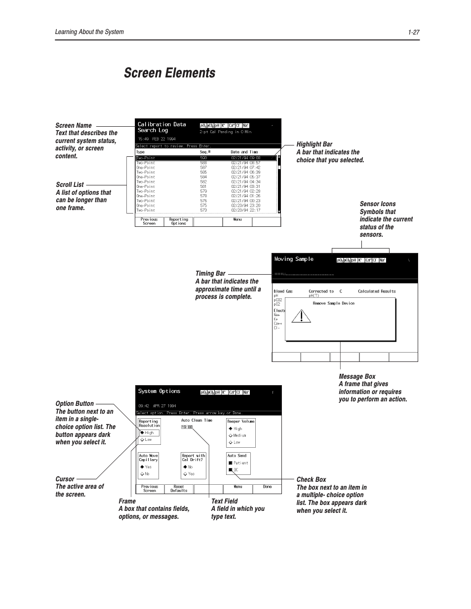 Screen elements | Bayer HealthCare Rapidlab 800 User Manual | Page 49 / 699