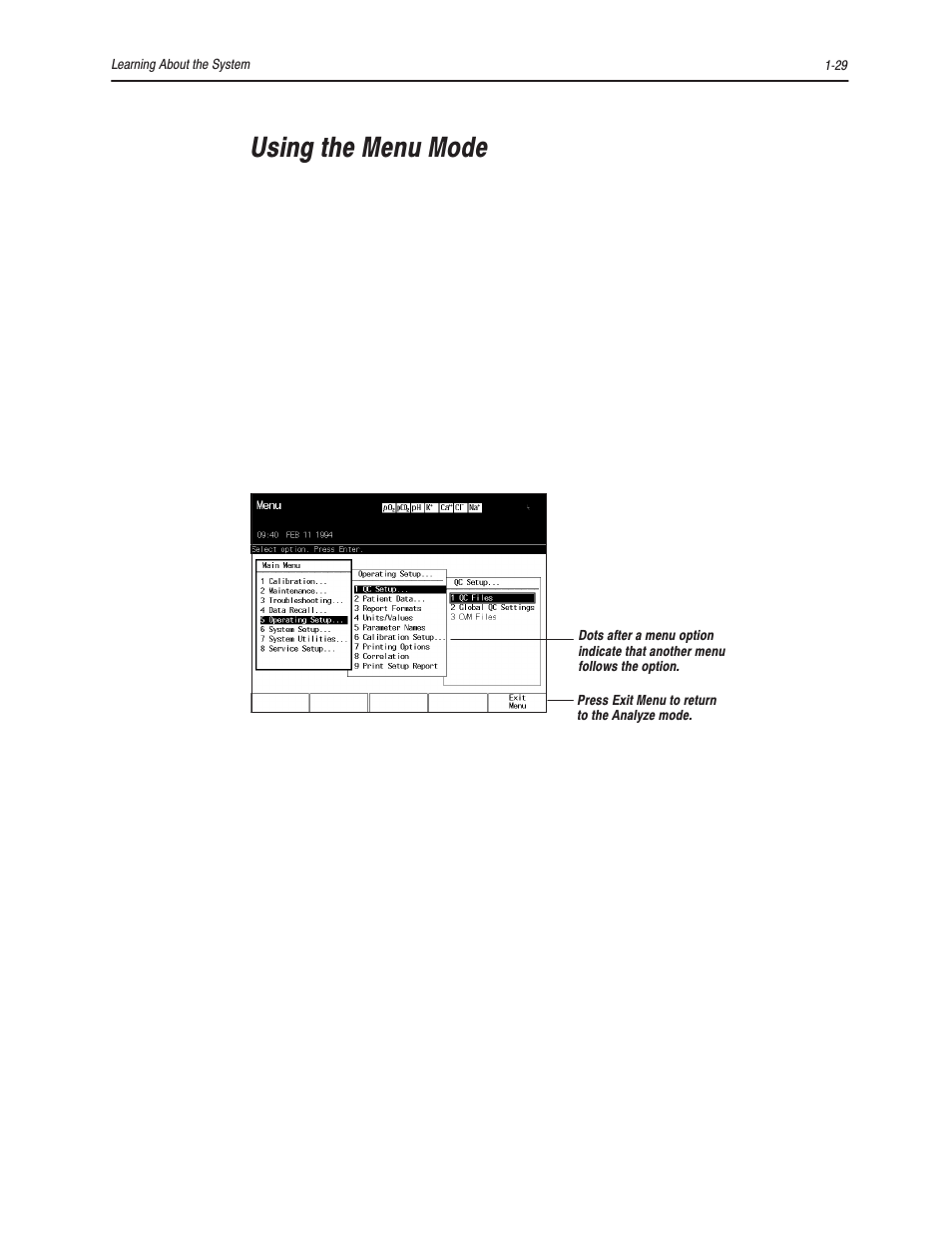 Using the menu mode | Bayer HealthCare Rapidlab 800 User Manual | Page 51 / 699