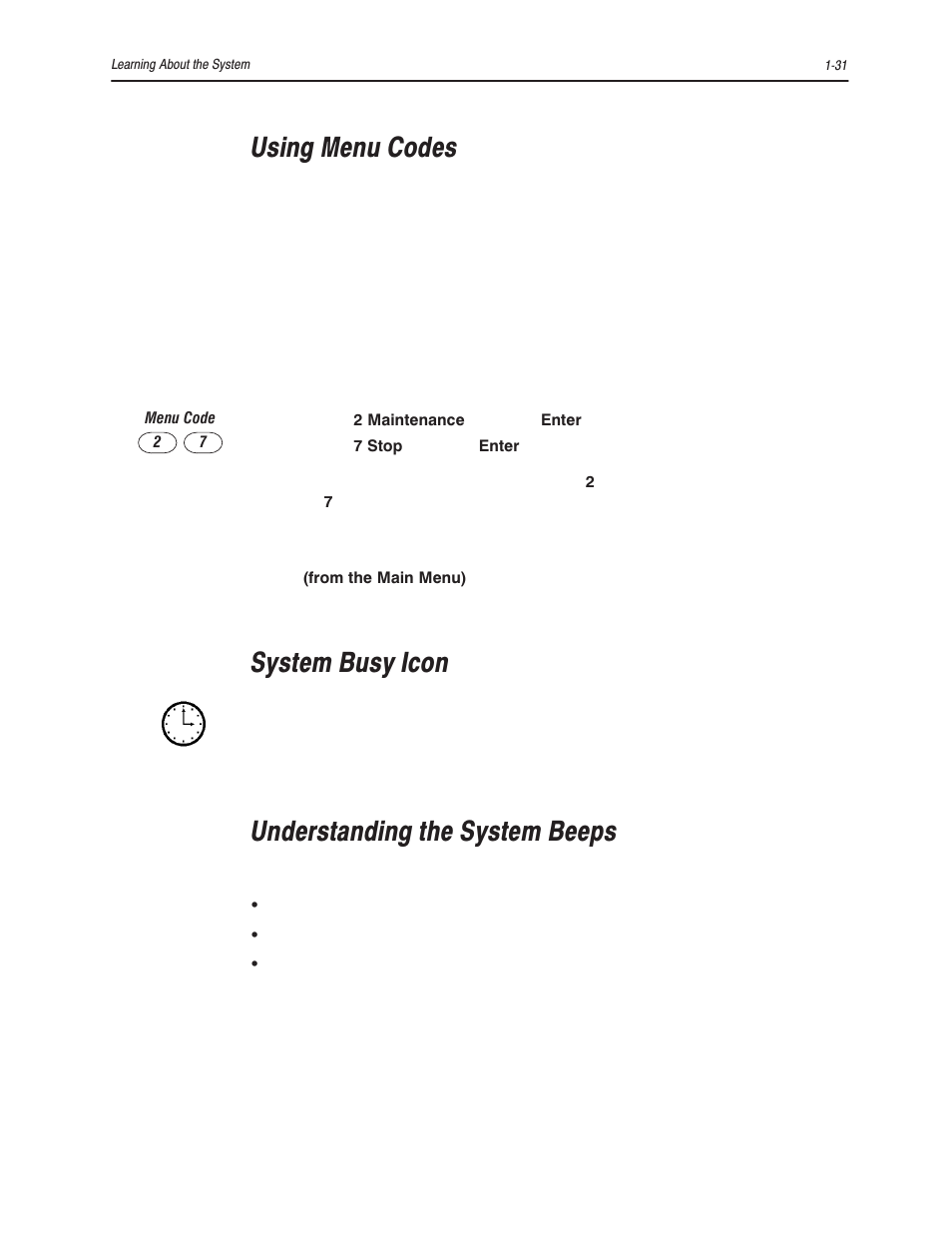 Using menu codes, System busy icon, Understanding the system beeps | Bayer HealthCare Rapidlab 800 User Manual | Page 53 / 699