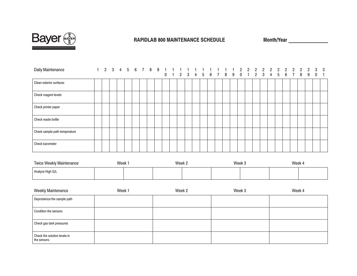 Rapidlab 800 maintenance schedule month/year | Bayer HealthCare Rapidlab 800 User Manual | Page 661 / 699