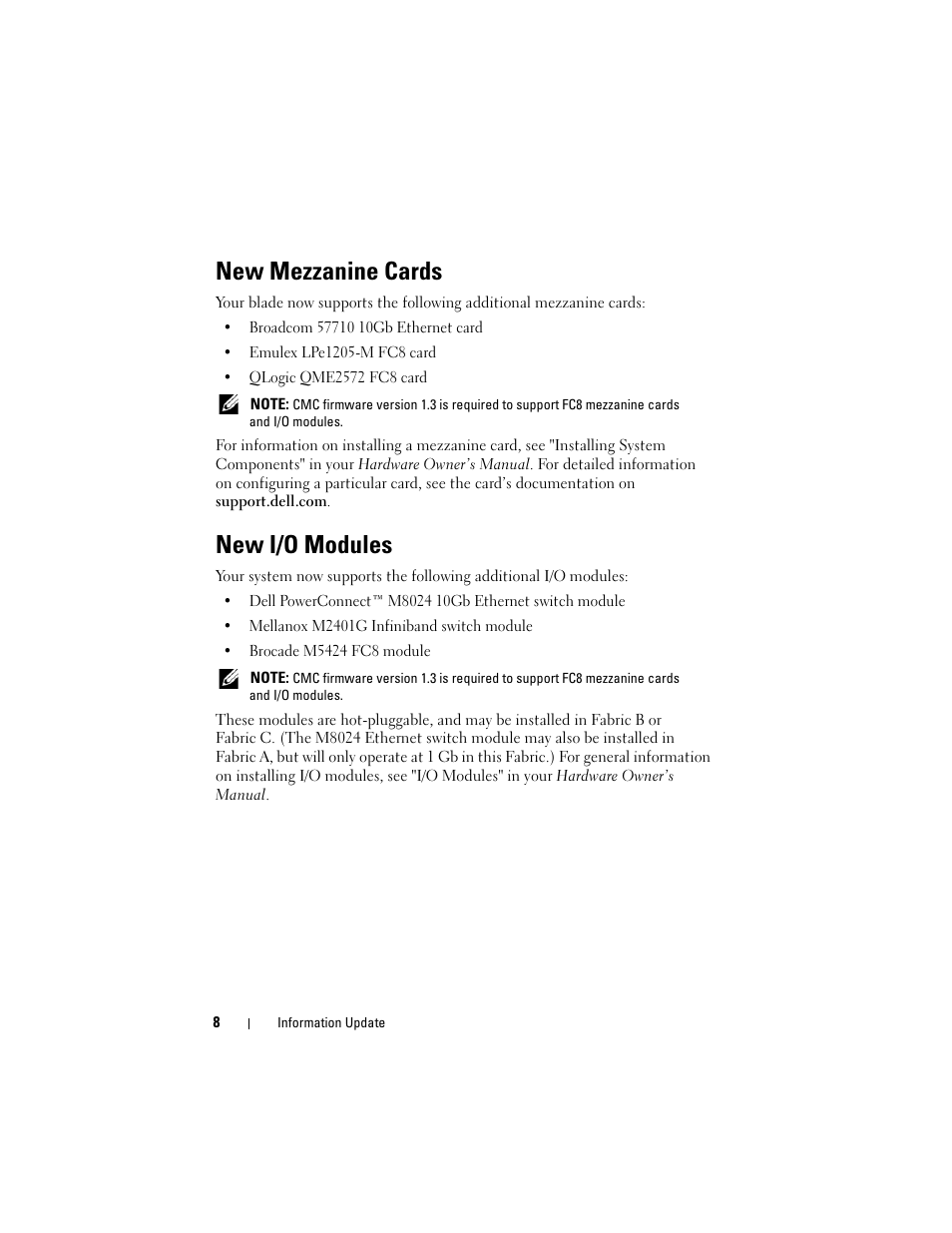 New mezzanine cards, New i/o modules | Dell PowerEdge M805 User Manual | Page 10 / 106