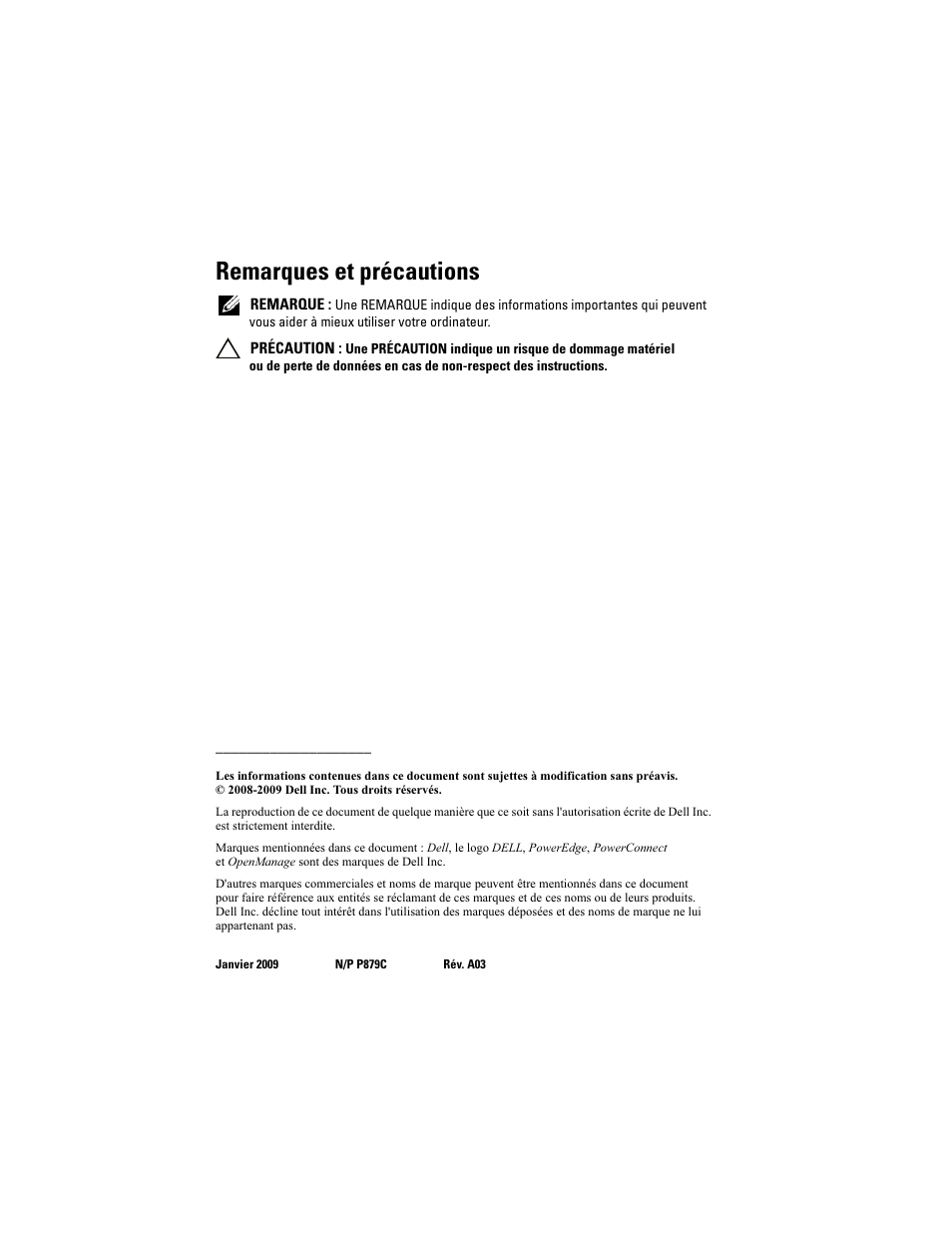 Remarques et précautions | Dell PowerEdge M805 User Manual | Page 32 / 106