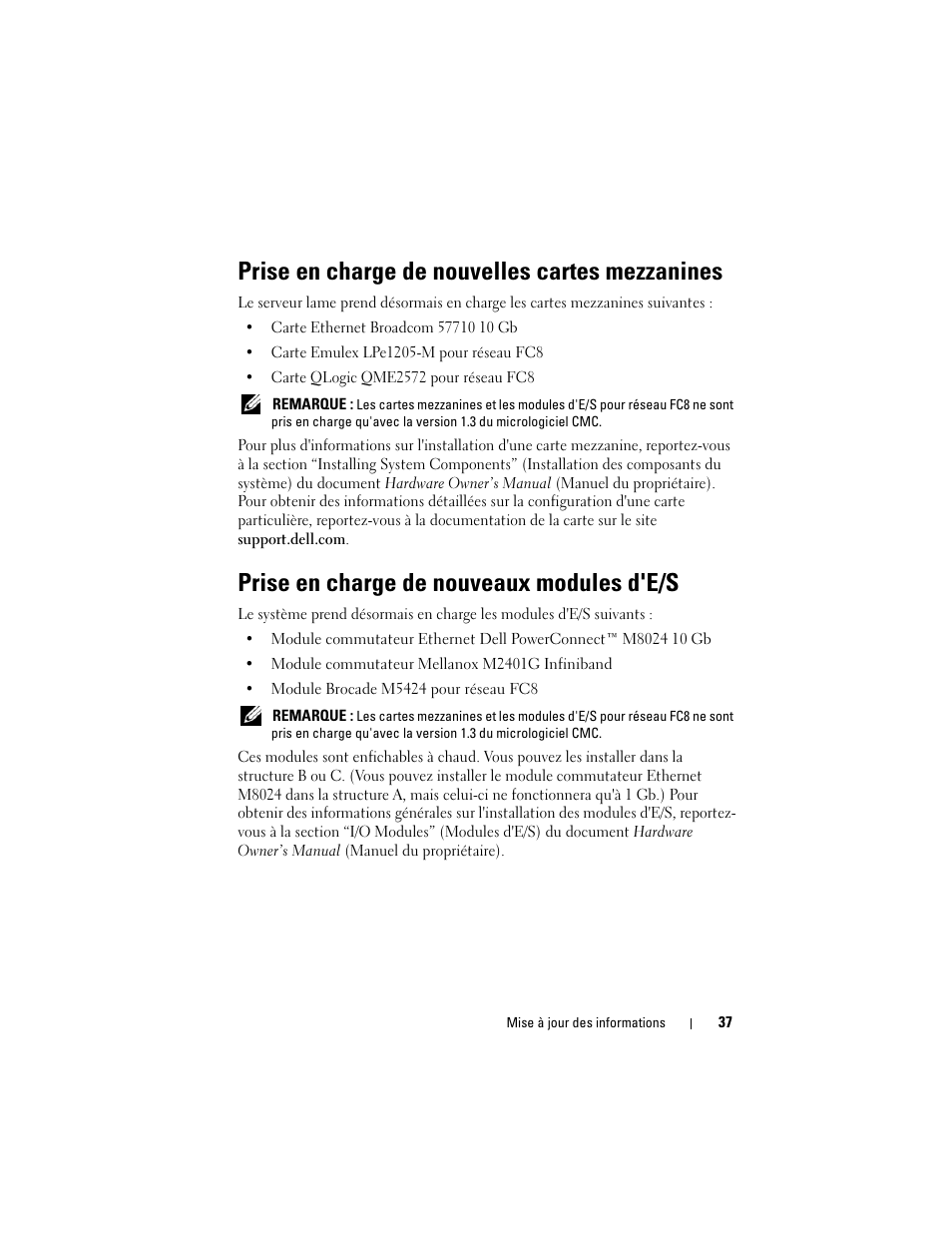 Prise en charge de nouvelles cartes mezzanines, Prise en charge de nouveaux modules d'e/s | Dell PowerEdge M805 User Manual | Page 39 / 106