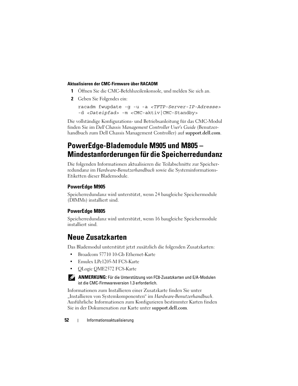 Poweredge m905, Poweredge m805, Neue zusatzkarten | En der cmc-firmware über racadm | Dell PowerEdge M805 User Manual | Page 54 / 106