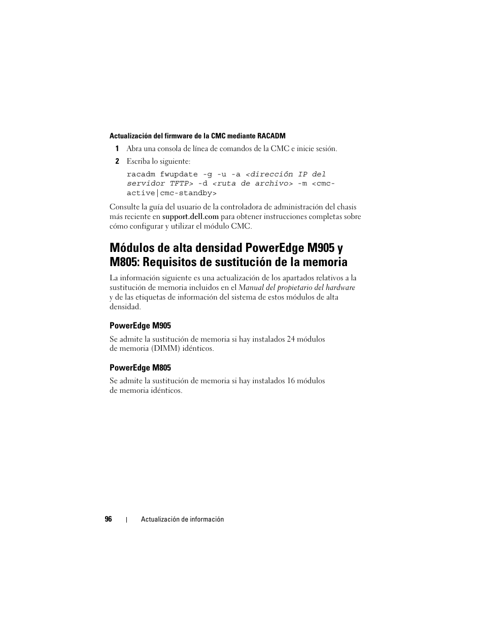 Poweredge m905, Poweredge m805, E de la cmc mediante racadm | Dell PowerEdge M805 User Manual | Page 98 / 106