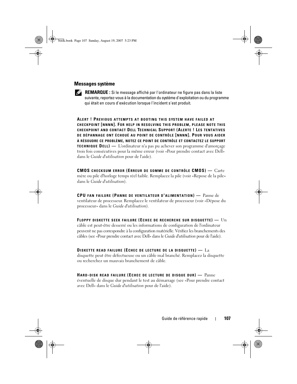 Messages système, Remarque | Dell Precision T3400 (Late 2007) User Manual | Page 107 / 276