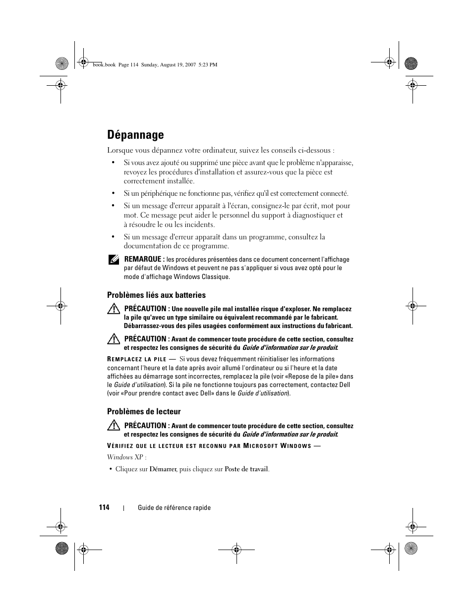 Dépannage, Problèmes liés aux batteries, Problèmes de lecteur | Dell Precision T3400 (Late 2007) User Manual | Page 114 / 276