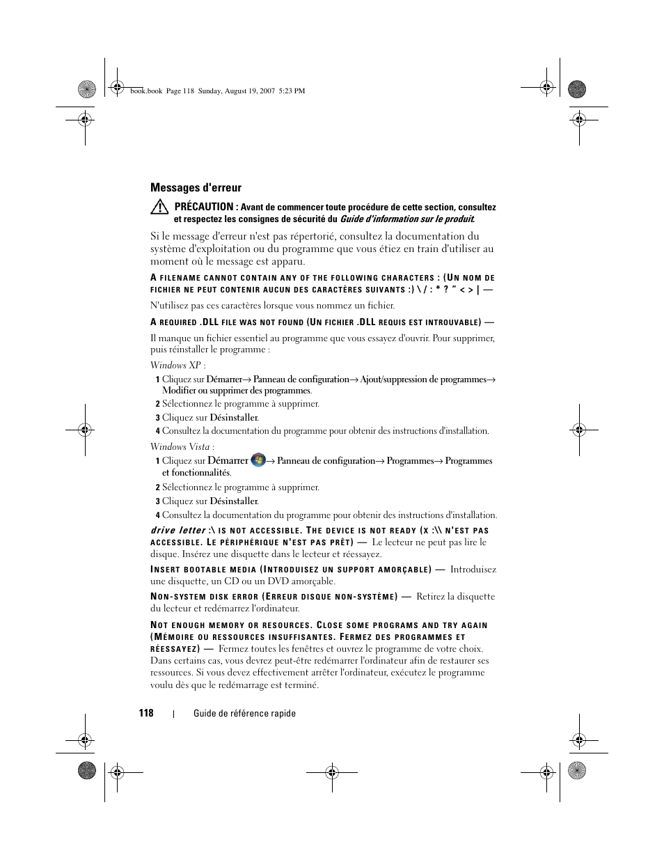 Messages d'erreur, Précaution, Démarrer | Dell Precision T3400 (Late 2007) User Manual | Page 118 / 276