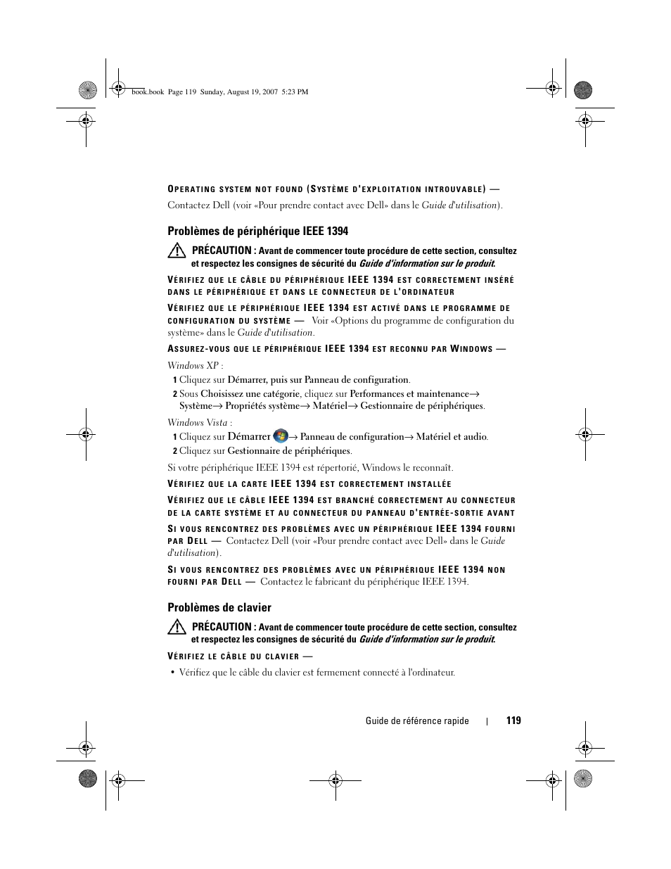 Problèmes de périphérique ieee 1394, Problèmes de clavier, Précaution | Démarrer | Dell Precision T3400 (Late 2007) User Manual | Page 119 / 276