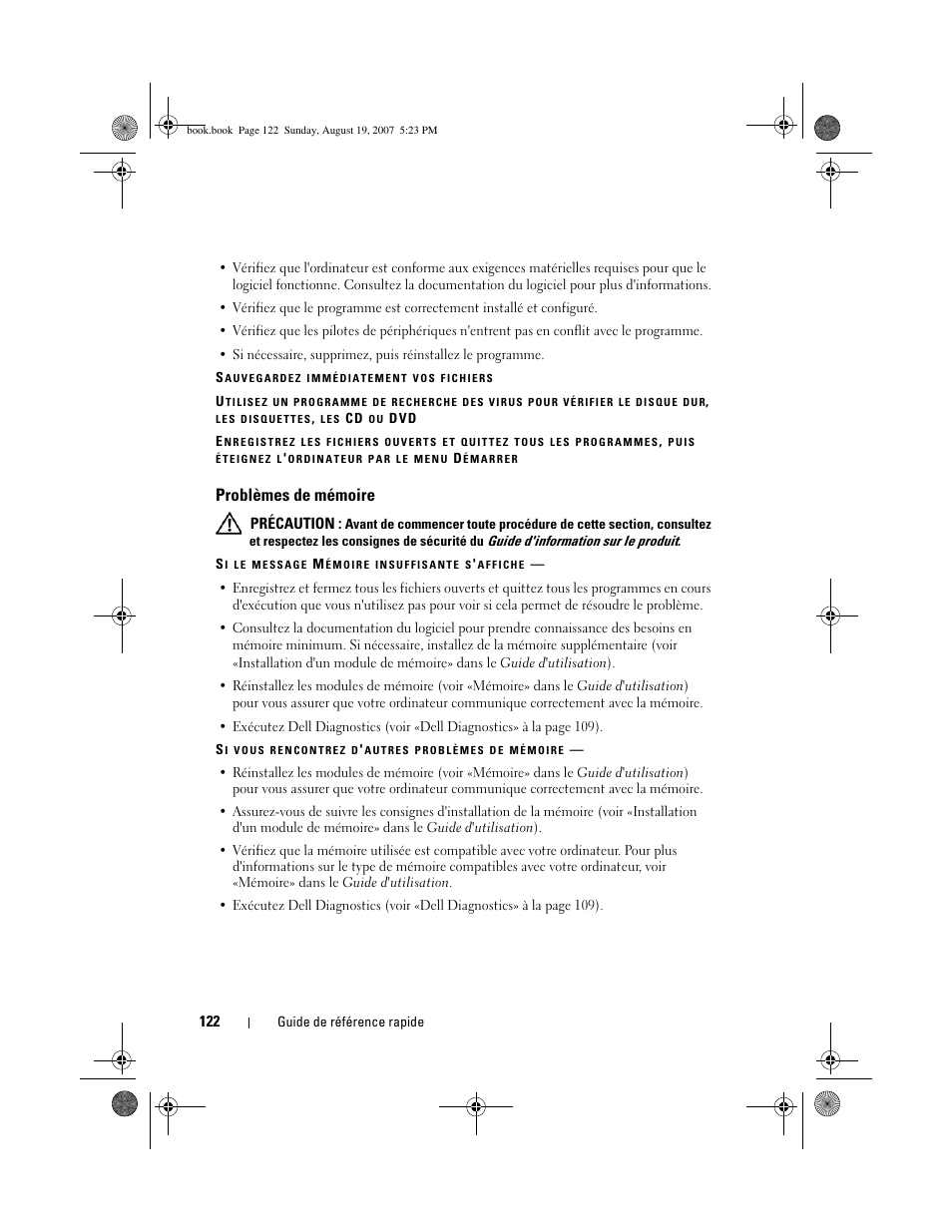 Problèmes de mémoire, Précaution | Dell Precision T3400 (Late 2007) User Manual | Page 122 / 276