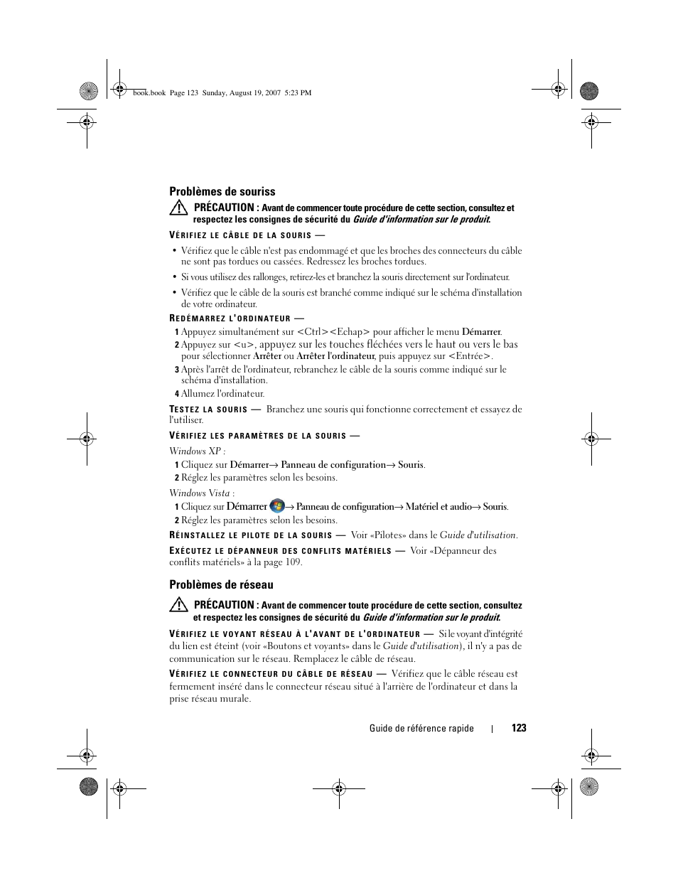 Problèmes de souriss, Problèmes de réseau | Dell Precision T3400 (Late 2007) User Manual | Page 123 / 276