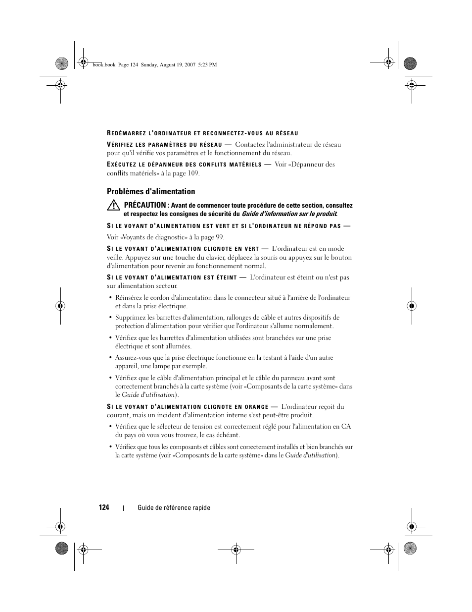 Problèmes d'alimentation | Dell Precision T3400 (Late 2007) User Manual | Page 124 / 276