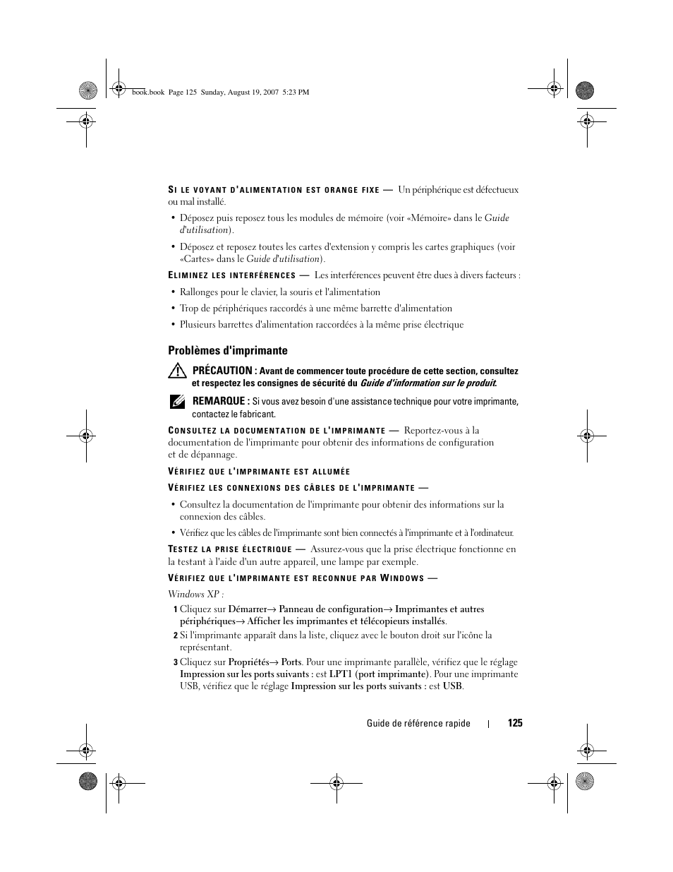 Problèmes d'imprimante | Dell Precision T3400 (Late 2007) User Manual | Page 125 / 276