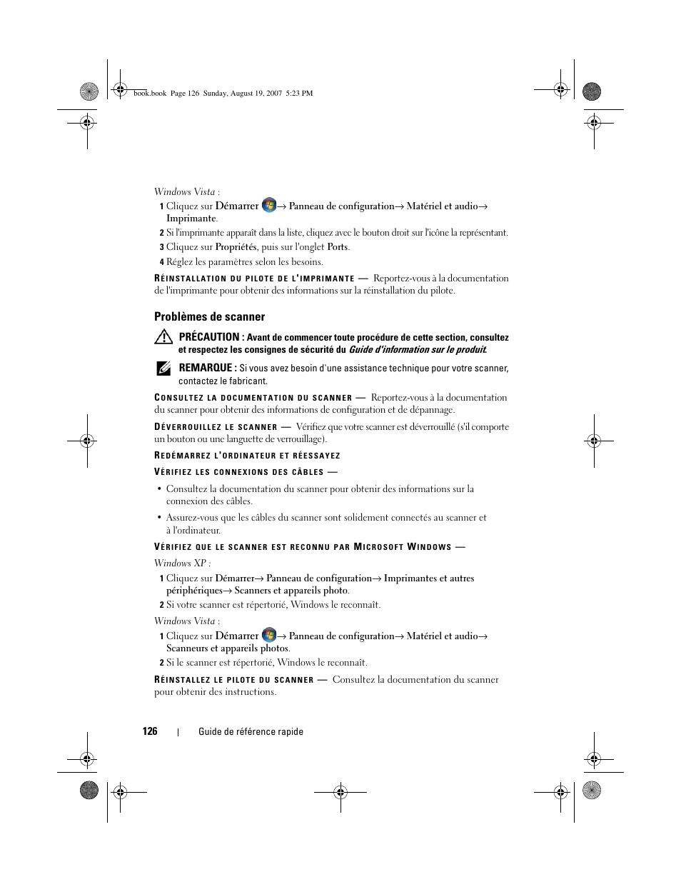 Problèmes de scanner | Dell Precision T3400 (Late 2007) User Manual | Page 126 / 276