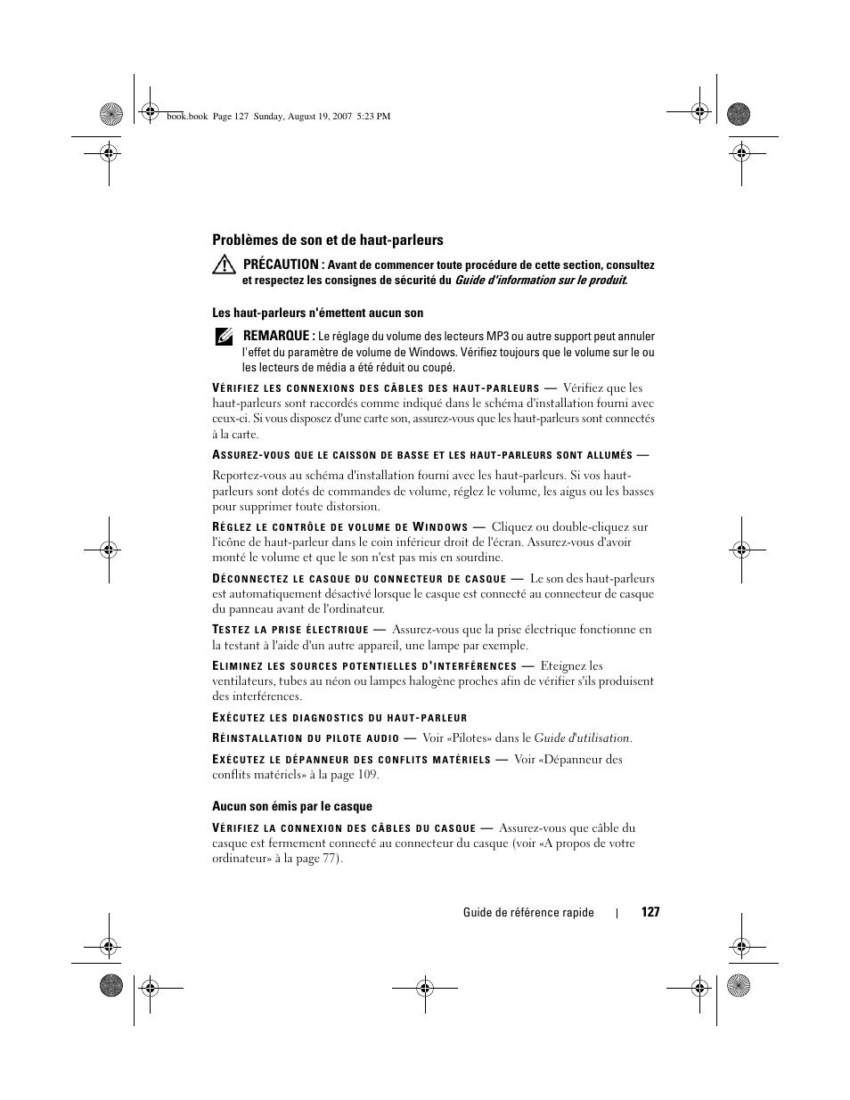 Problèmes de son et de haut-parleurs, Précaution, Remarque | Dell Precision T3400 (Late 2007) User Manual | Page 127 / 276
