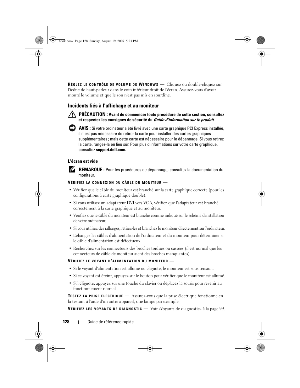 Incidents liés à l'affichage et au moniteur | Dell Precision T3400 (Late 2007) User Manual | Page 128 / 276