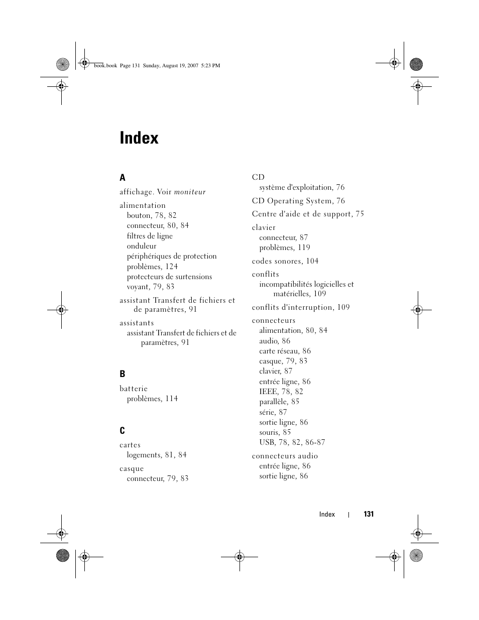 Index | Dell Precision T3400 (Late 2007) User Manual | Page 131 / 276