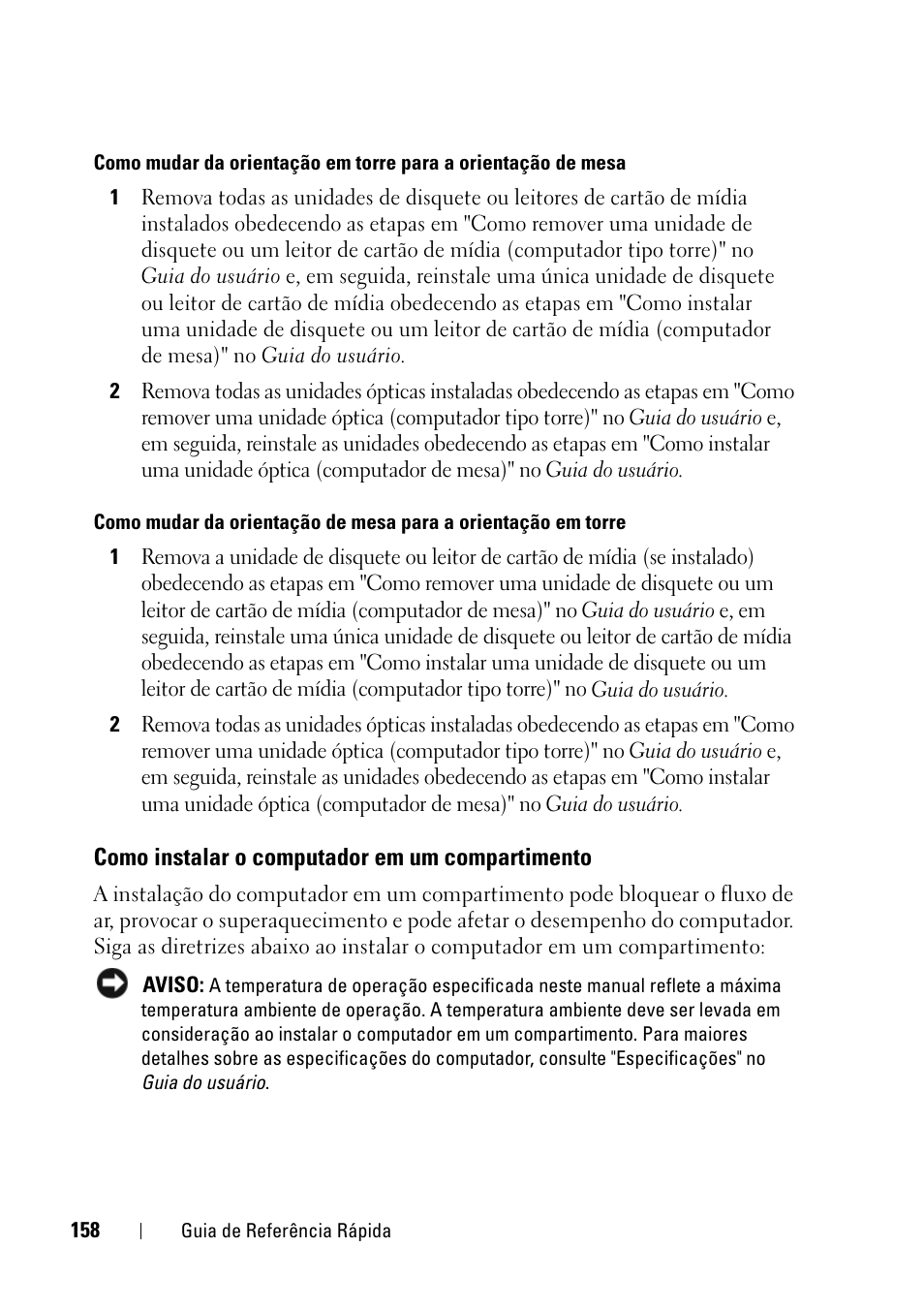 Como instalar o computador em um compartimento | Dell Precision T3400 (Late 2007) User Manual | Page 158 / 276