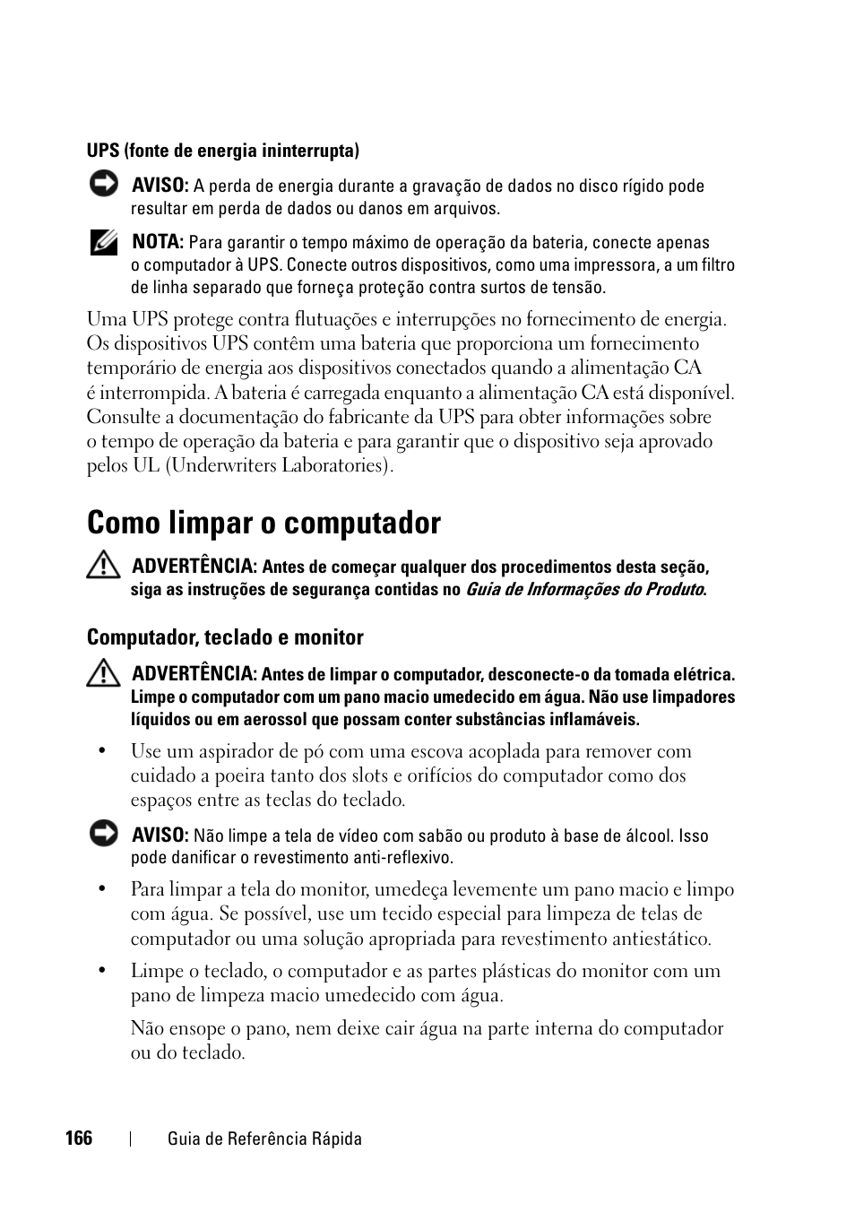 Como limpar o computador, Computador, teclado e monitor | Dell Precision T3400 (Late 2007) User Manual | Page 166 / 276