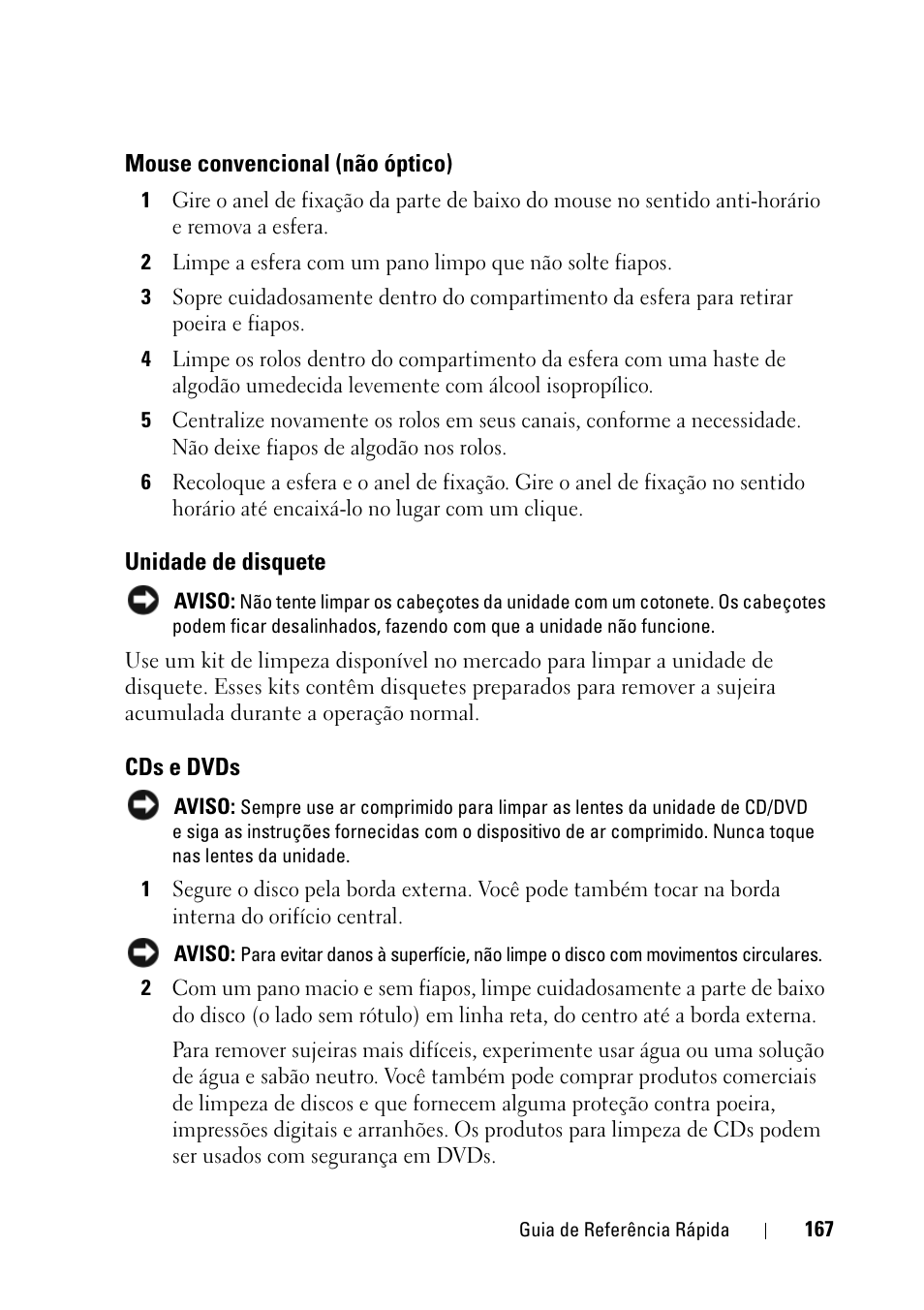 Mouse convencional (não óptico), Unidade de disquete, Cds e dvds | Dell Precision T3400 (Late 2007) User Manual | Page 167 / 276