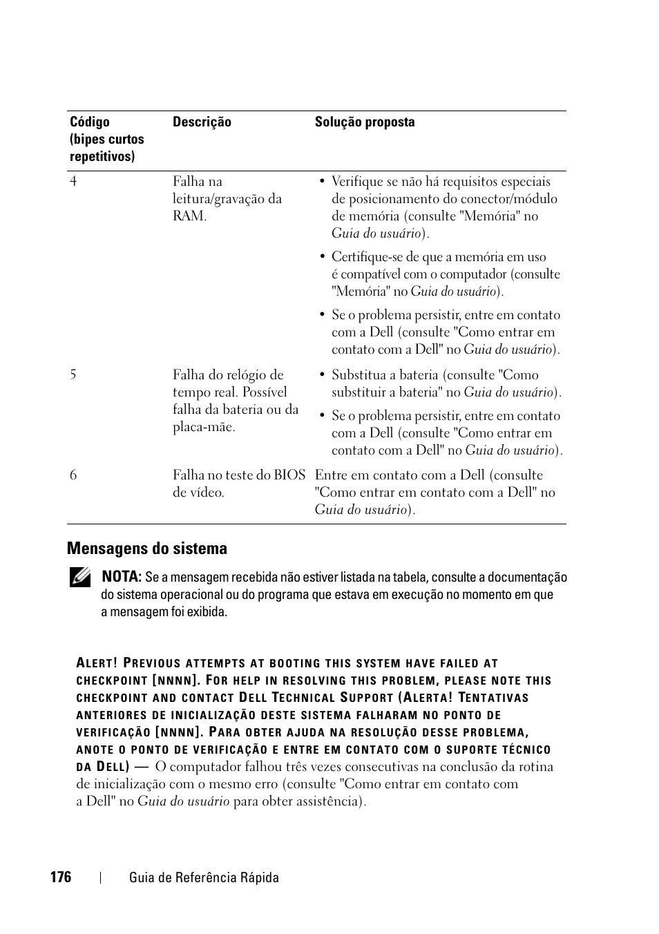 Mensagens do sistema, Nota | Dell Precision T3400 (Late 2007) User Manual | Page 176 / 276