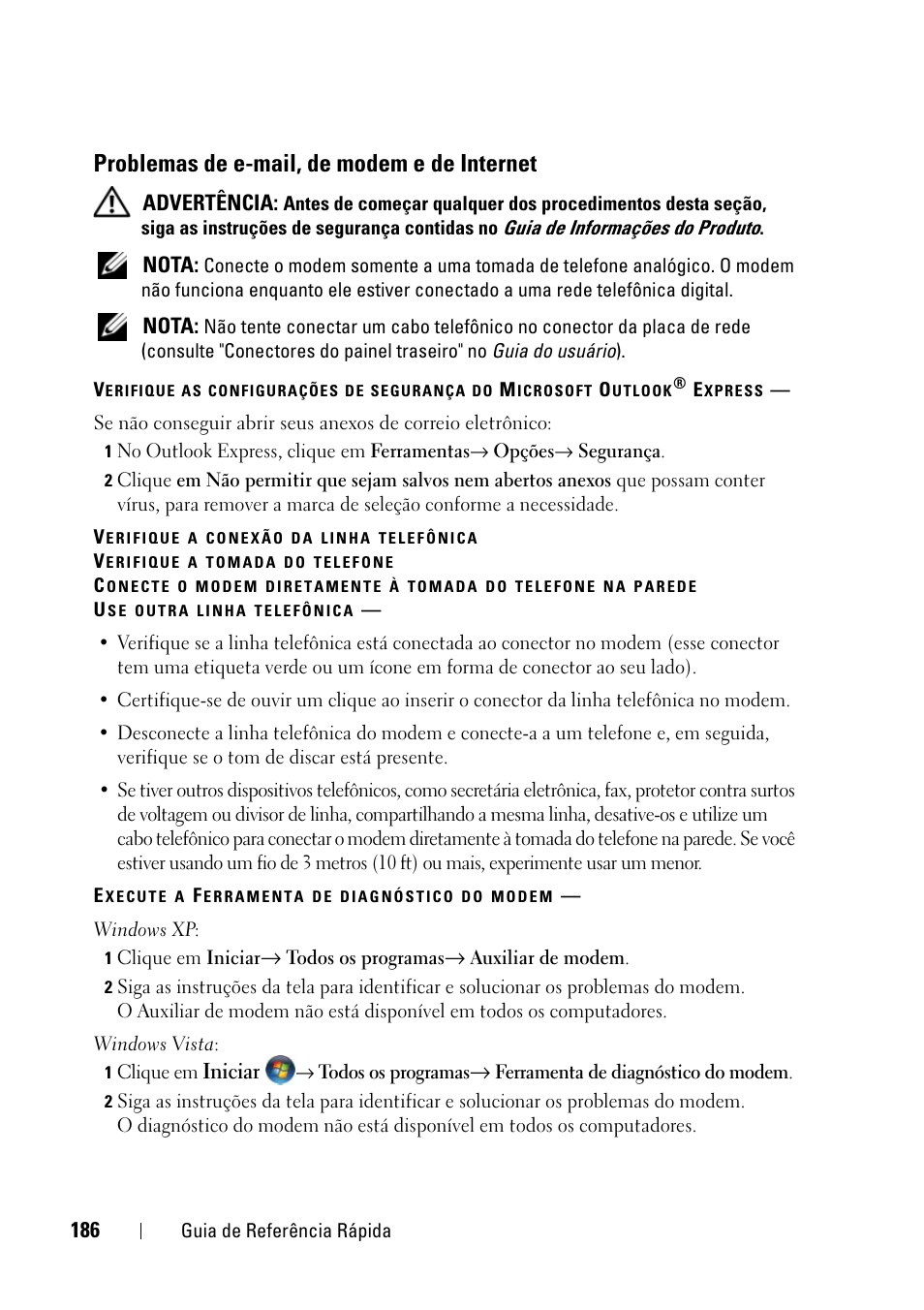 Problemas de e-mail, de modem e de internet | Dell Precision T3400 (Late 2007) User Manual | Page 186 / 276