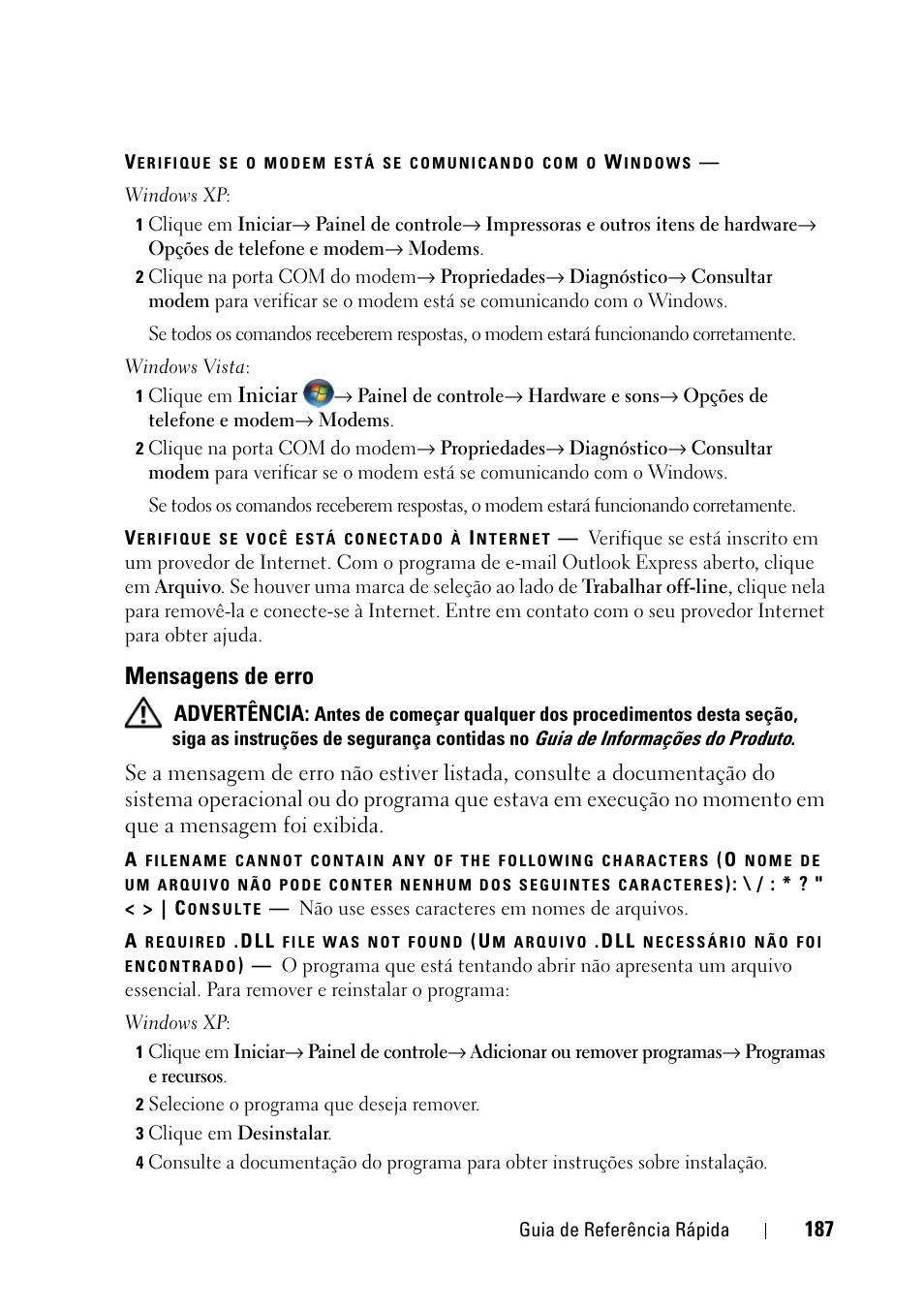 Mensagens de erro | Dell Precision T3400 (Late 2007) User Manual | Page 187 / 276