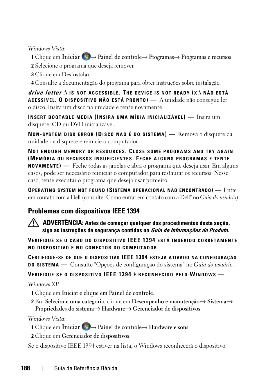 Problemas com dispositivos ieee 1394, Iniciar, Advertência | Dell Precision T3400 (Late 2007) User Manual | Page 188 / 276