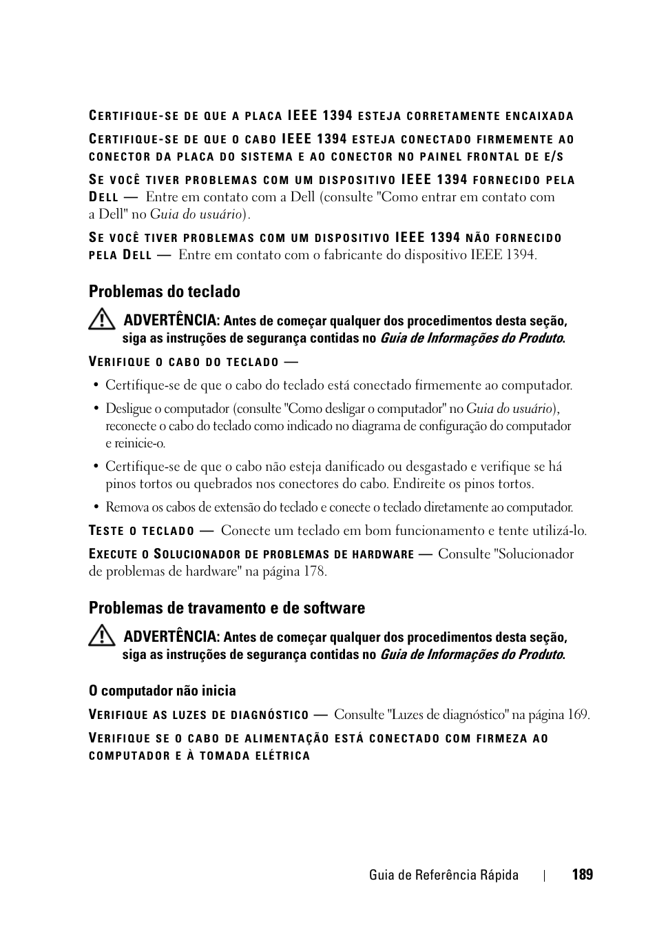 Problemas do teclado, Problemas de travamento e de software, Advertência | Dell Precision T3400 (Late 2007) User Manual | Page 189 / 276