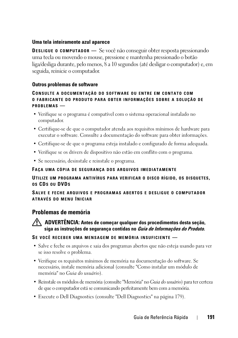 Problemas de memória, Advertência | Dell Precision T3400 (Late 2007) User Manual | Page 191 / 276