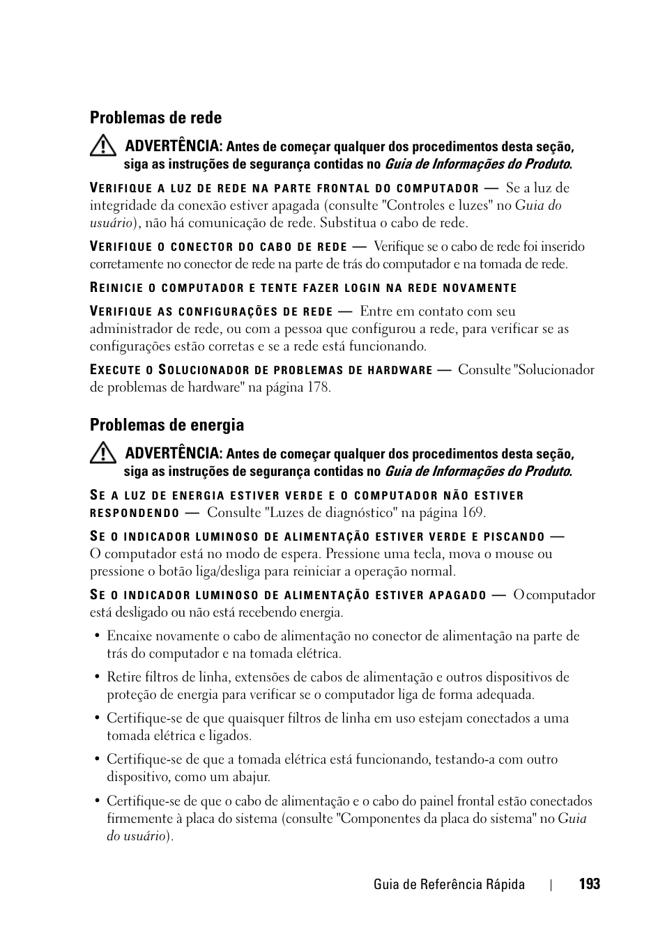 Problemas de rede, Problemas de energia | Dell Precision T3400 (Late 2007) User Manual | Page 193 / 276