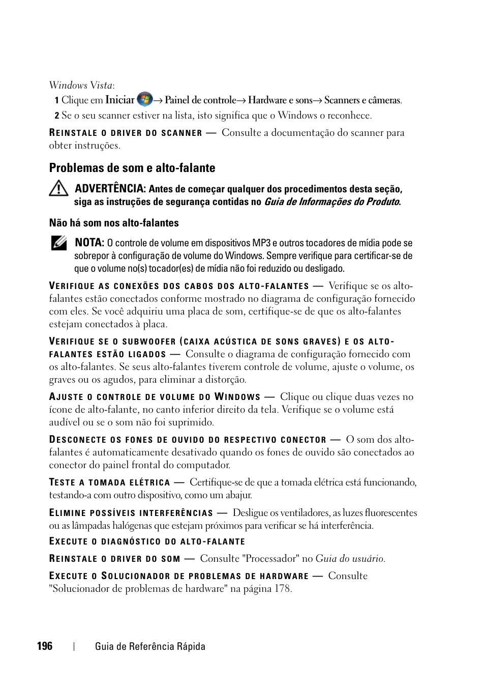 Problemas de som e alto-falante | Dell Precision T3400 (Late 2007) User Manual | Page 196 / 276