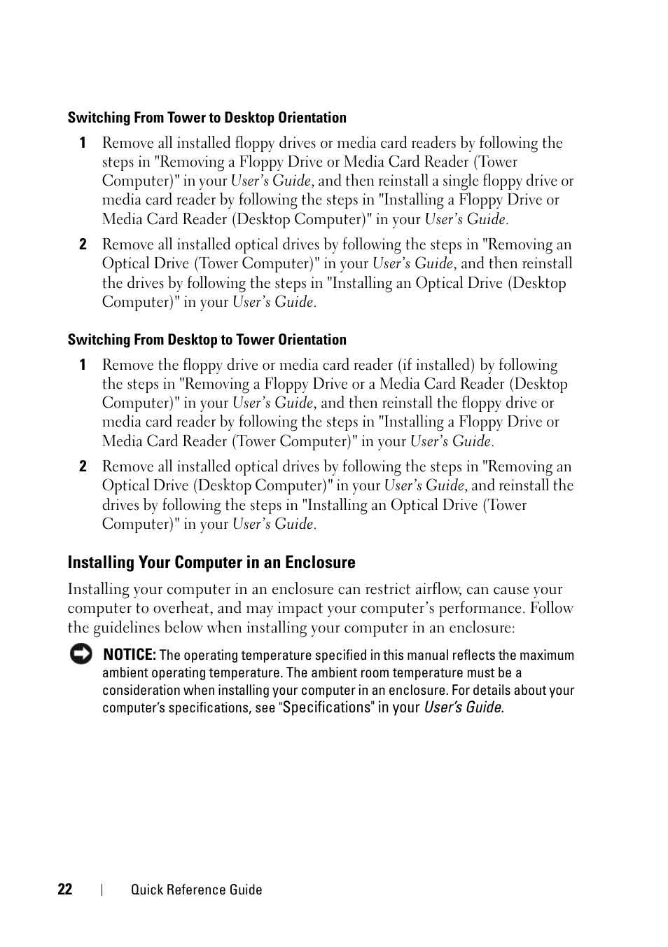 Installing your computer in an enclosure | Dell Precision T3400 (Late 2007) User Manual | Page 22 / 276