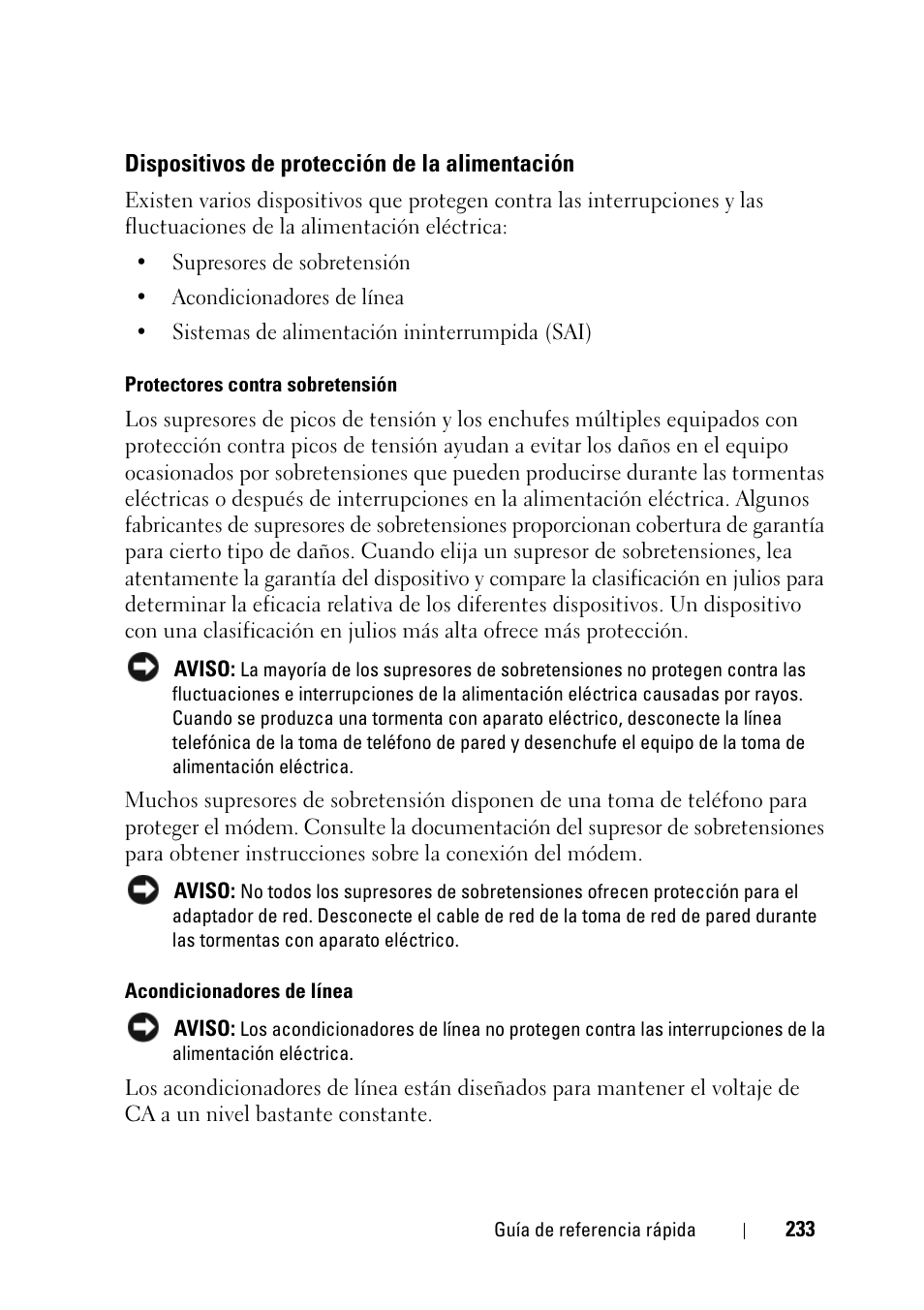 Dispositivos de protección de la alimentación | Dell Precision T3400 (Late 2007) User Manual | Page 233 / 276
