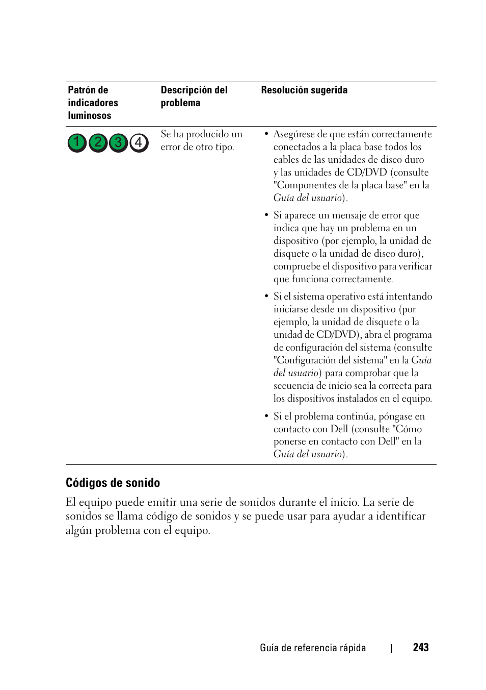 Códigos de sonido | Dell Precision T3400 (Late 2007) User Manual | Page 243 / 276