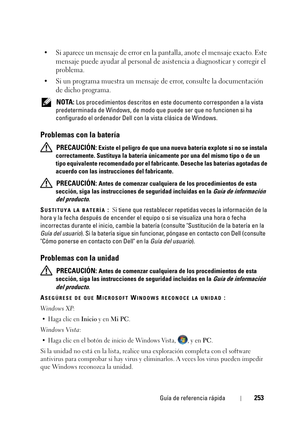 Problemas con la batería, Problemas con la unidad | Dell Precision T3400 (Late 2007) User Manual | Page 253 / 276