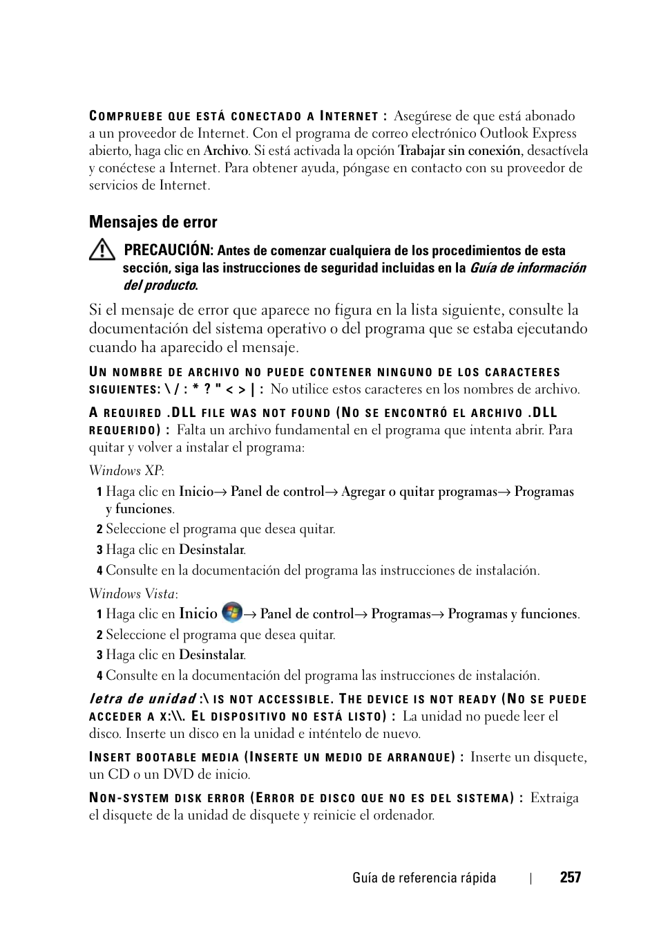 Mensajes de error, Precaución, Inicio | Dell Precision T3400 (Late 2007) User Manual | Page 257 / 276