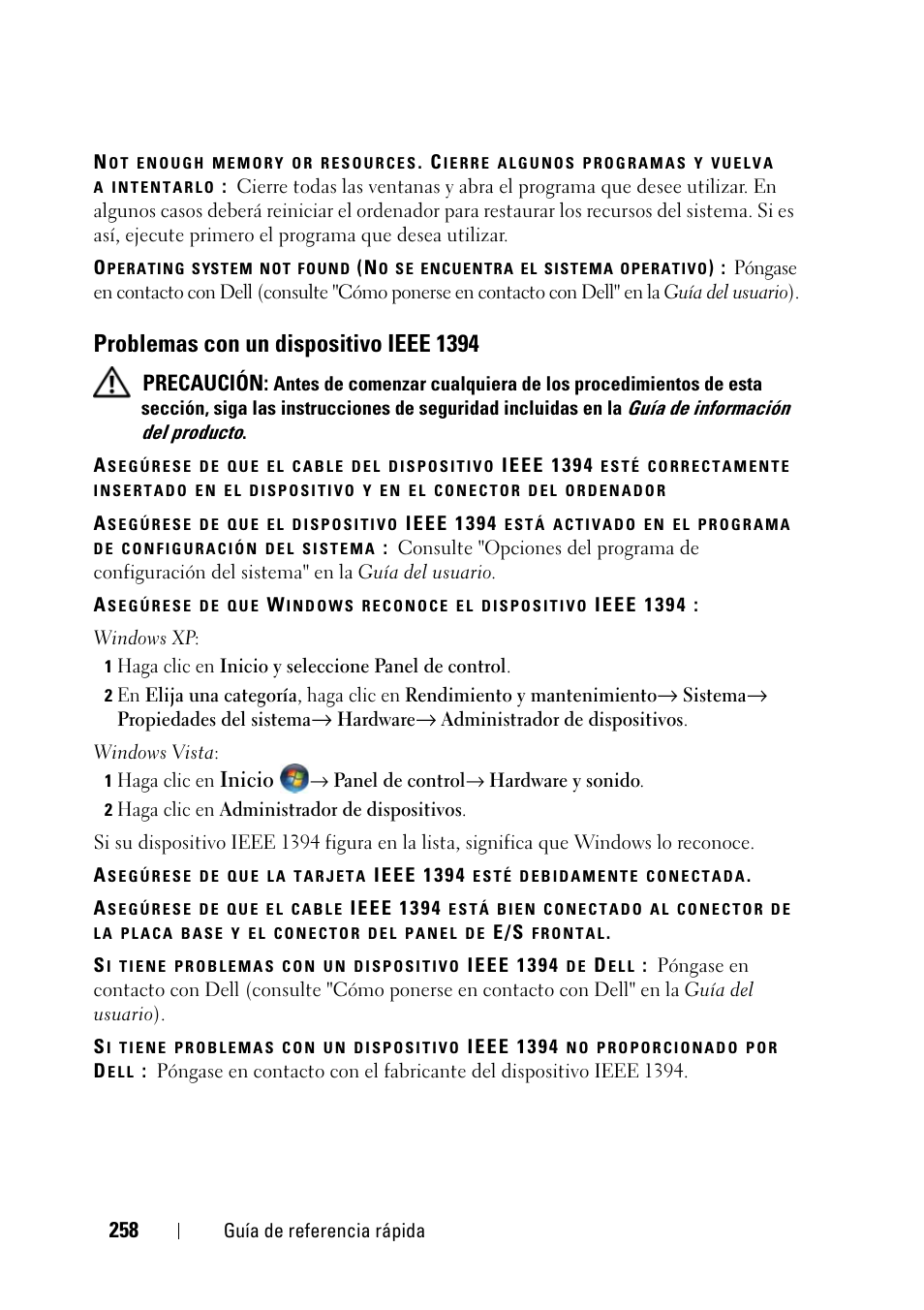 Problemas con un dispositivo ieee 1394, Precaución, Inicio | Dell Precision T3400 (Late 2007) User Manual | Page 258 / 276