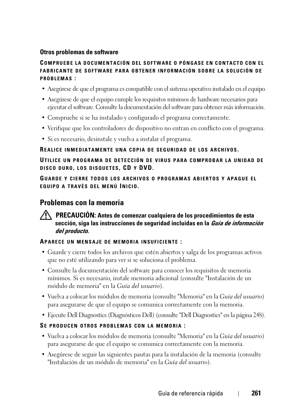 Problemas con la memoria, Precaución | Dell Precision T3400 (Late 2007) User Manual | Page 261 / 276