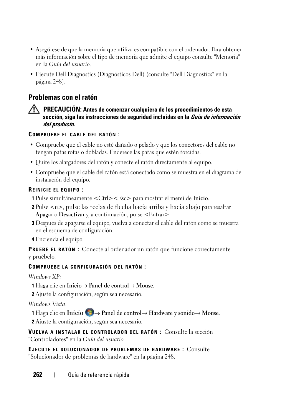 Problemas con el ratón | Dell Precision T3400 (Late 2007) User Manual | Page 262 / 276