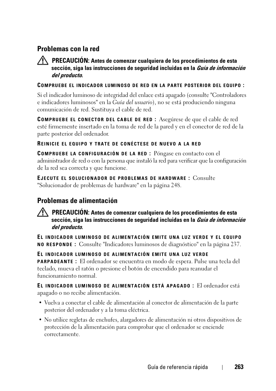Problemas con la red, Problemas de alimentación, Precaución | Dell Precision T3400 (Late 2007) User Manual | Page 263 / 276