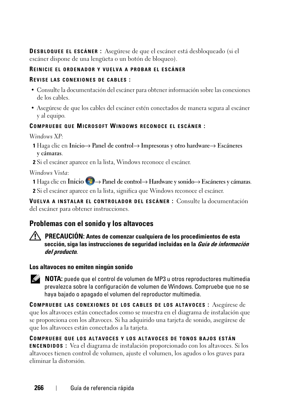 Problemas con el sonido y los altavoces | Dell Precision T3400 (Late 2007) User Manual | Page 266 / 276