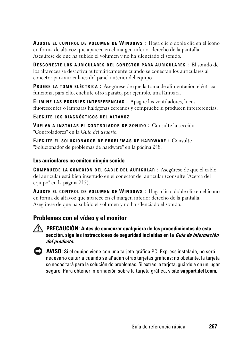 Problemas con el vídeo y el monitor | Dell Precision T3400 (Late 2007) User Manual | Page 267 / 276