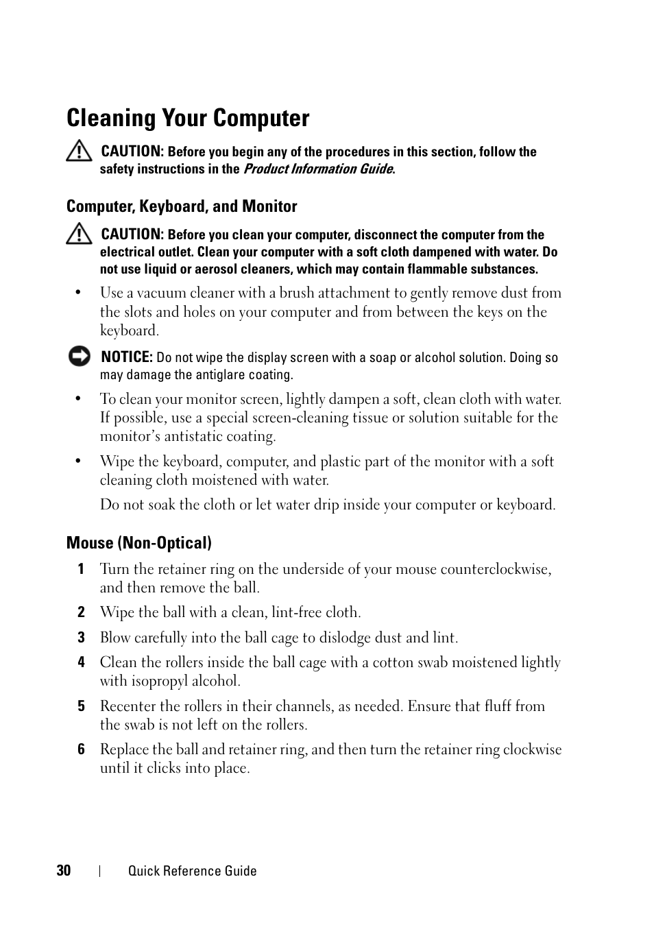Cleaning your computer, Computer, keyboard, and monitor, Mouse (non-optical) | Dell Precision T3400 (Late 2007) User Manual | Page 30 / 276